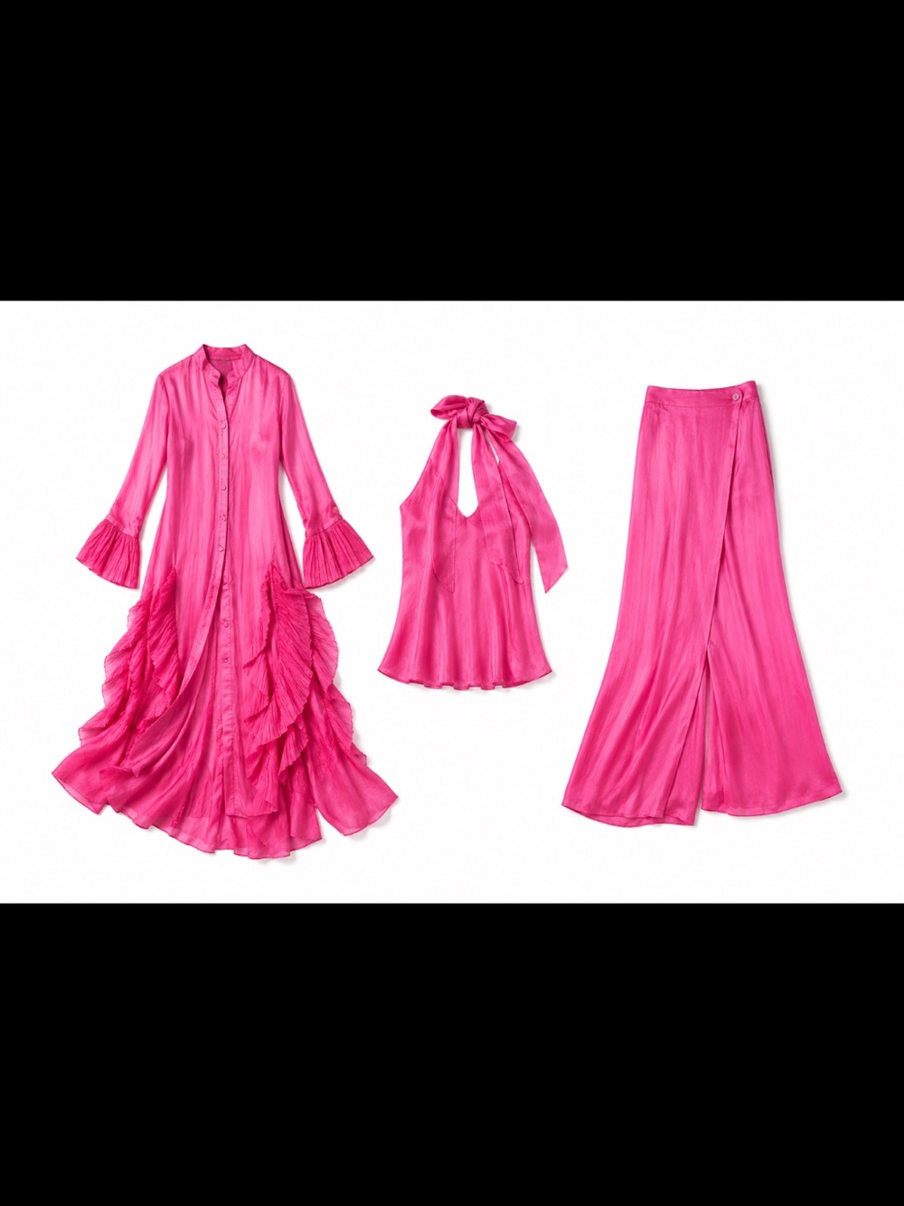 100 % silk 3 pc ruffle Sabina Bach  Palm Desert CA dress bell sleeve tank pants